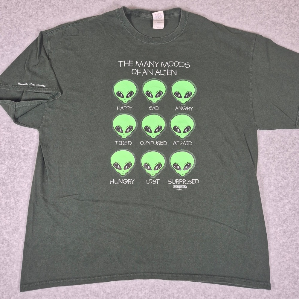 Vintage Gildan T-Shirt Mens 2XL Green Many Moods of an Alien 1997 Roswell NM